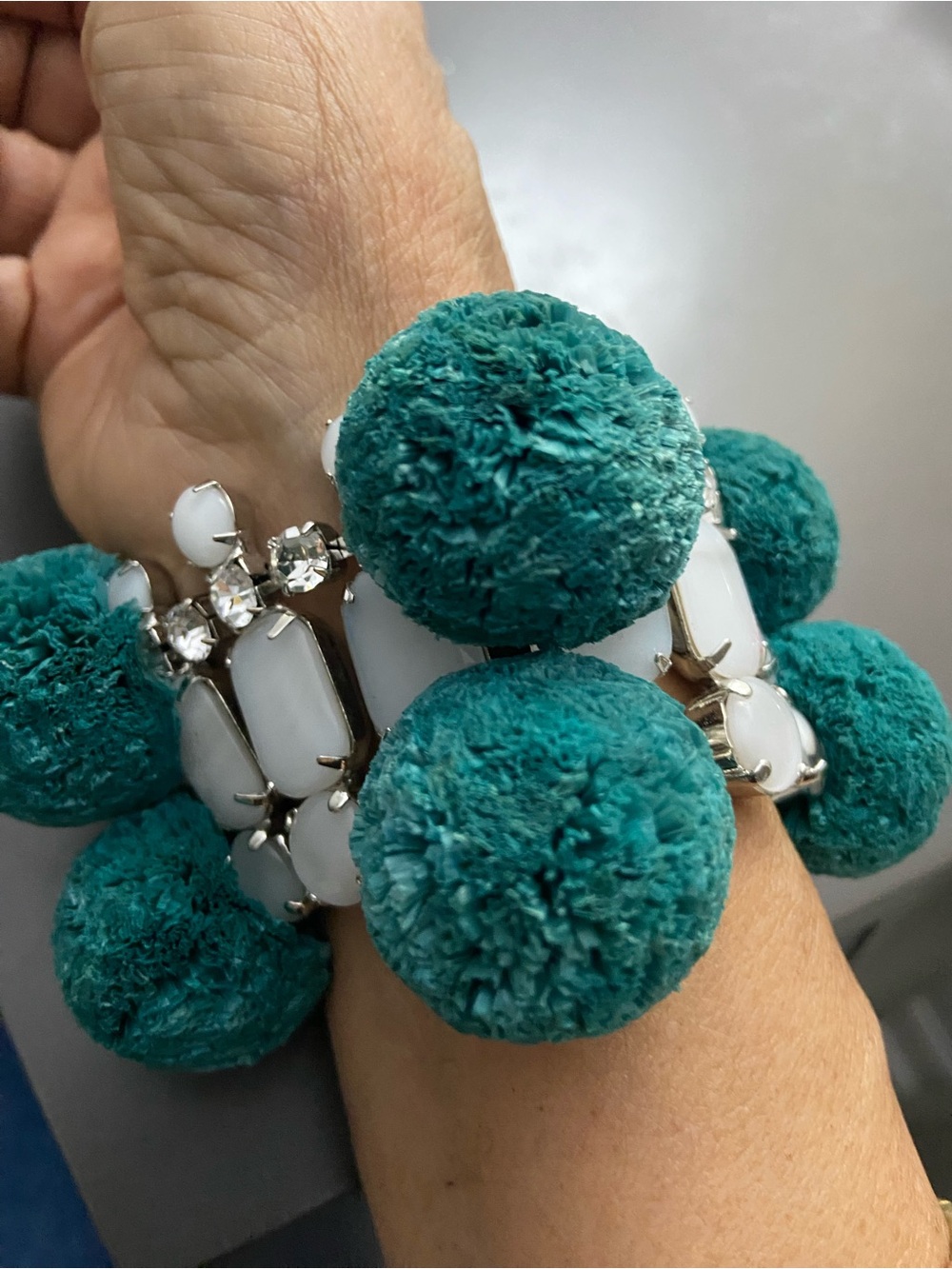 Tory Burch Teal Pom-Pom and White Stone Bracelet